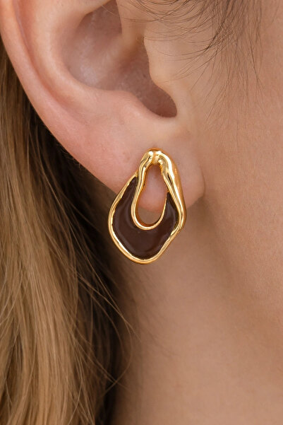 Kokoş Gold Color Brown Stone Detailed Earrings