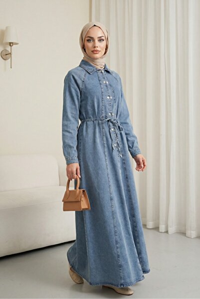 HİJABAYA Rochie din denim cu guler tip cămașă, cu centură, cu jumătate de nas...