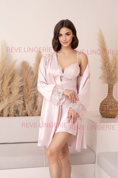 REVE LİNGERİE Nightgown and Dressing Gown with Lace, Stylish Bridal Set