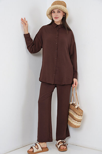 Merterium Women's Shirt and Pants Two-Piece Set - Brown 1403