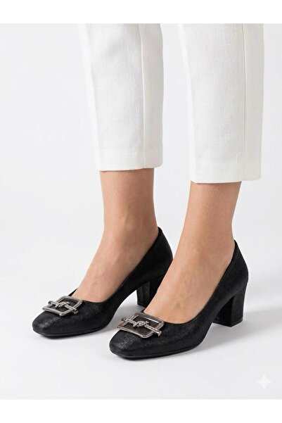 Lütfi Women's Black Thick Heel Comfortable Fit Heeled Shoes
