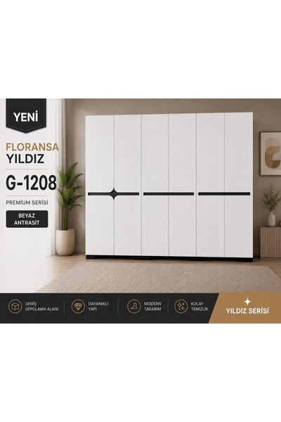 VM VERTEX MOBİLYA Floransa G-1208 Yıldız 6 Kapılı 2 Askılıklı Beyaz Antrasit ...