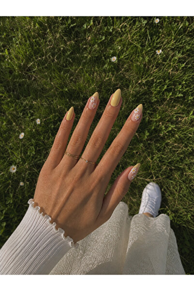 TrendNail Yaz Papatyası Butter Yellow French El Yapımı Takma Tırnak/Protez Tı...