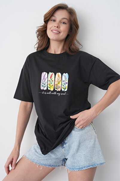 TREND EMMODA Tricou negru casual cu gât rotund, cu imprimeu floral, cu efect ...