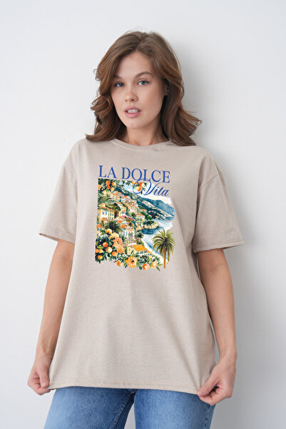 TREND EMMODA Tricou casual de damă, cu gât rotund, cu imprimeu La Dolce Vita,...