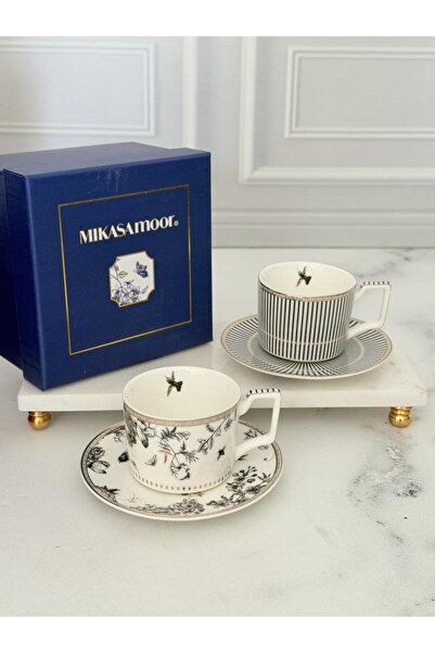 ROSSEV Porcelain Turkish Coffee Cup Set for 2 People 4 Pieces Fiore Black