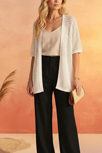 mefru Women's Oversize Flowy Short Sleeve Openwork Loose Basic Cardigan