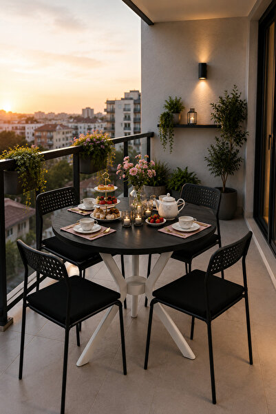 Flinder Siyah 4 Kişilik Minderli Balkon Takımı, Balkon Masası, Balkon Sandaly...