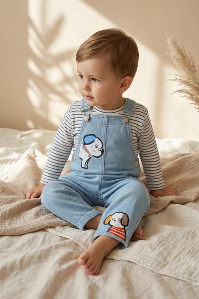 Generic Brand Cute Dog Figured Open-Front M.I Denim Salopet and Striped Bodys...