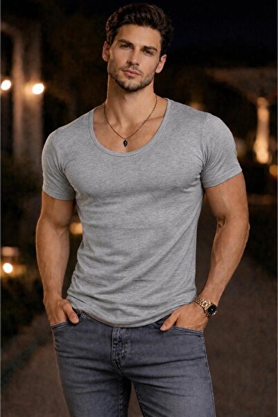 BYBÜLENT Men's Oval Collar T-Shirt Open Collar Lycra Slim Fit T-Shirt Gray Me...