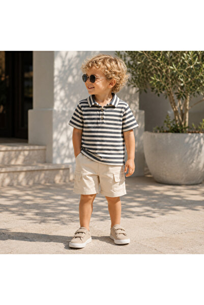 Bebelul Compleu vara baieti tricou cu guler si bermude COMFORT bumbac gri-cre...