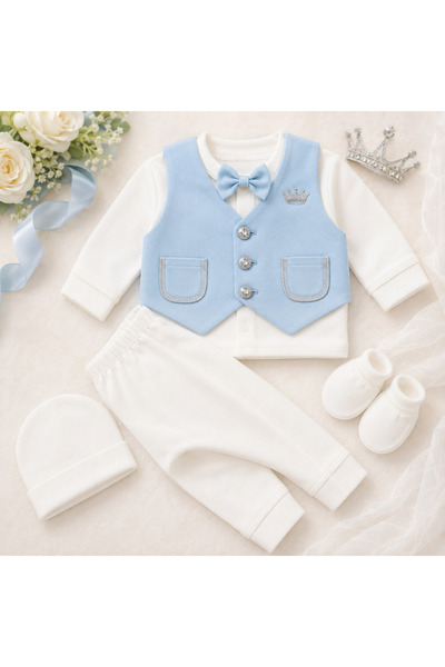 Bebelul Set botez baieti 6 piese Babyshah bumbac alb albastru deschis 3-6 luni