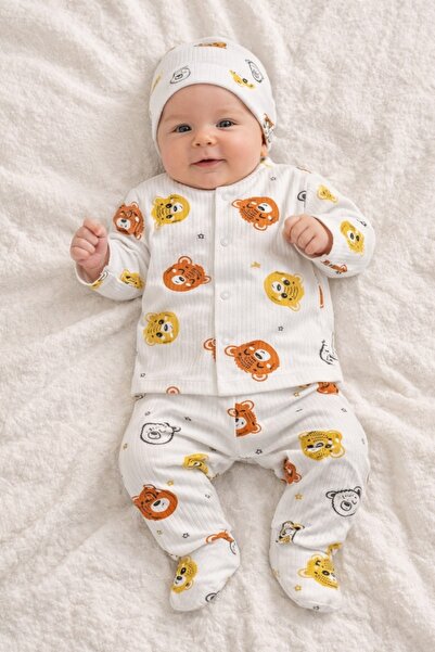 Pure Boutique Set bebe bumbac 3 piese cu imprimeu animalute bluza pantaloni s...