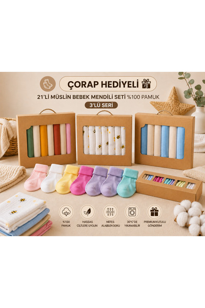 Ens Group Avm 7’li Müslin Bebek Mendili Seti + Çorap Hediyeli %100 Pamuk Prem...