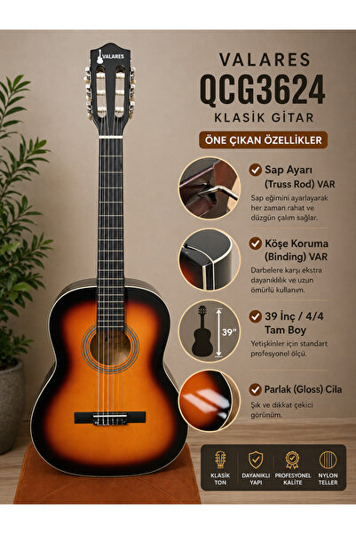 valares QCG3624 Sunburst Klasik Gitar 38” Sap Ayarlı (Truss Rod) • Köşe Korum...