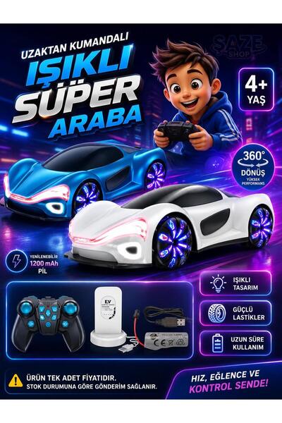 SAZE Uzaktan Kumandalı Işıklı Drift Araba Şarjlı RC Spor Araba 360° Dönen 4+ Yaş