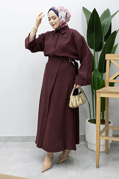 Tesettür Dünyası Skirt with Brooch Detail Double Suit Set Tsd260233 Plum
