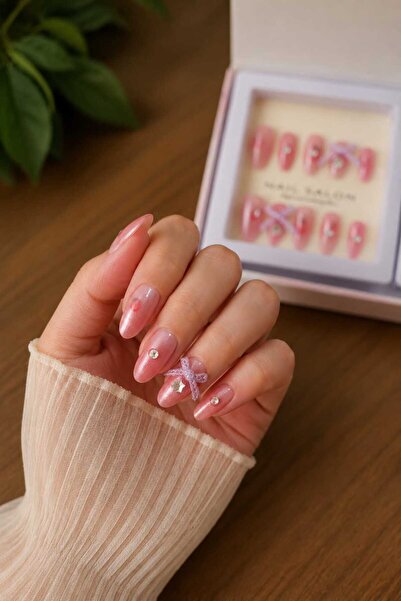 Kinlee Lüks Tasarım Takma Tırnak 10'lu Set – Taşlı Fiyonklu Nude Press On Nail