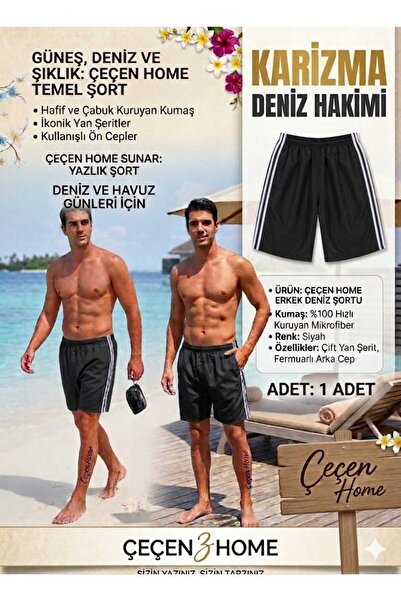 ÇEÇEN HOME Çift Şerit Detaylı Uzun Erkek Deniz Şortu , Paraşüt Kumaş Uzun Şor...