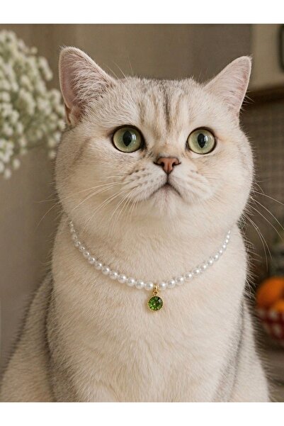 HALHALMILL Green crystal and pearl cat necklace