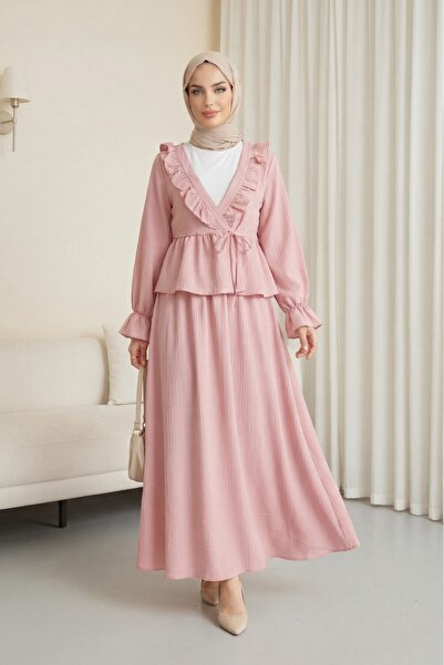 Modamorfo Kimono set sa naboranim ovratnikom i suknjom sa vezanjem spreda - roze