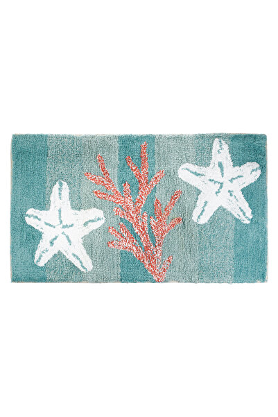 Zumzeria Turquoise Cotton Bath Mat with Starfish and Coral Design 75x45cm