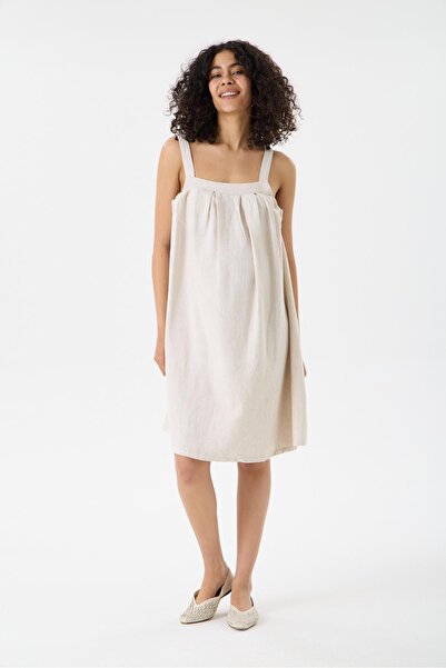 Işşıl 1592-Natural Linen Strap Maternity Wear Salopet Mnii Dress