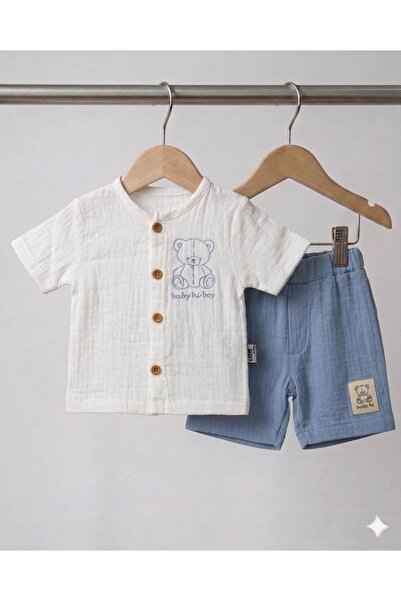 KapsülBebek Hakim Yaka Muslin 2-Piece Baby Boy Set - 100% Cotton
