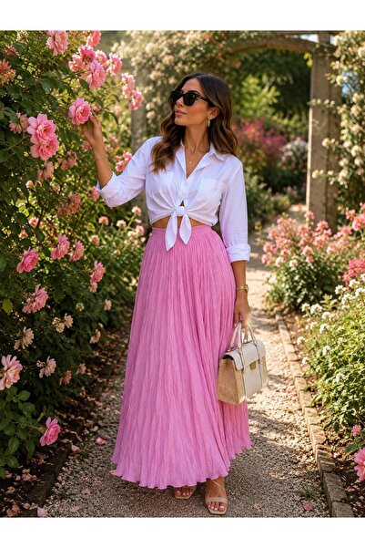 ZGfashion Kadın Pudra Pembe Kırışık Pliseli Uzun Etek Yüksek Bel Salaş Yazlık...