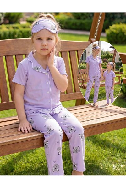 Kidora Kids Kız Çocuk Pamuklu 5-14 Yaş Lila Renk Koala Desenli Gömlek Yaka Dü...