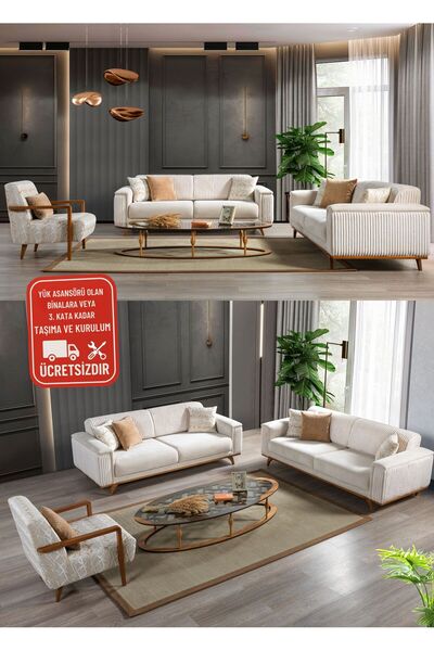 NewrunHome LUNA Koltuk Takımı 3+3+1 - Sırt Atlamalı - Yumuşak Oturum