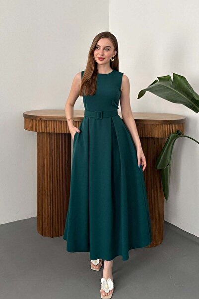 Elbee Fashion Woman Emerald Halter Neck Flared Dress