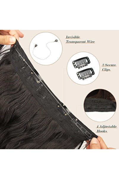 Feshfen Extensii de păr invizibile – Extensii de păr negre, cu o singură bandă, lungi, ondulate, sintetice, crețe, pentru femei, 40 cm