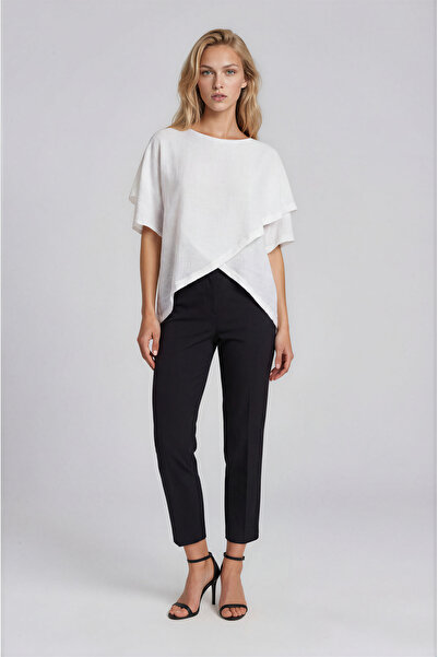 Spazio Asimetrik Kesim Kat Detaylı Oversize Bluz EKRU