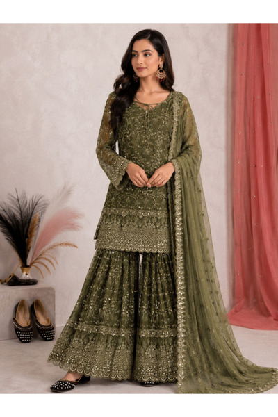 MYSMAR Green Fandy Crush Silk Embroidered Sharara Set with Dupatta - HRT7593 ...