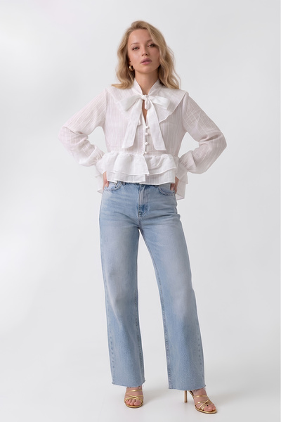 Auragul Ruffle Detailed Tie-Up White Shirt