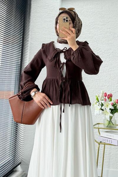 MELEK ARAZ Premium Bebe Yaka Wrap Muslin Blouse – Brown