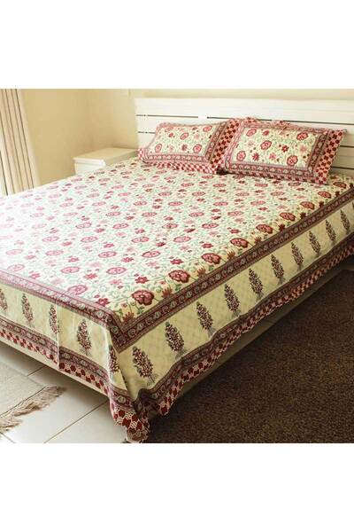 Weswadesi Bedsheet and 2 Pillow Covers – Maroon Light Green and Cream print