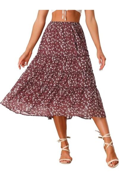 Allegra K Women's Summer Floral Skirt Trapezoid Flowing Elastic Waist Chiffon...