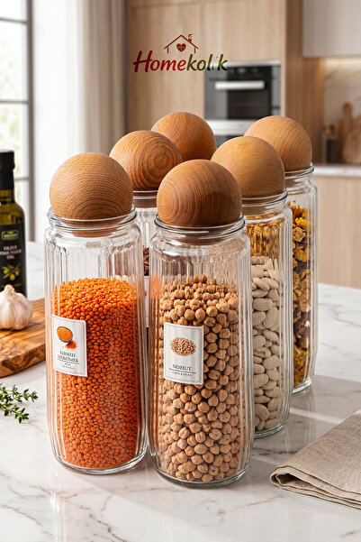 Homekolik Set of 6 Labeled Striped Glass Storage Containers 1500 ml with Wood...
