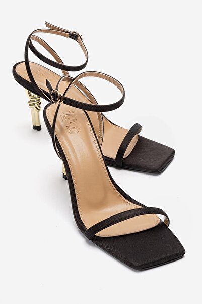 LuviShoes حذاء نسائي بكعب رفيع من الساتان الأسود والذهبي من SONE