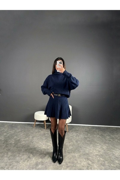 POİNE Turtleneck Sweater-Skirt Basic Top-Down Knitwear Set