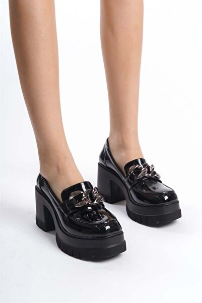 Difolia Women's Black Patent Leather 8 cm Heeled Platform Shoes