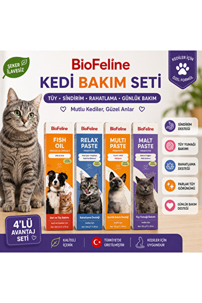 BioFeline Premium Kedi Bakım Seti Fish Oil Relax Multi ve Malt Paste 4’lü Ava...