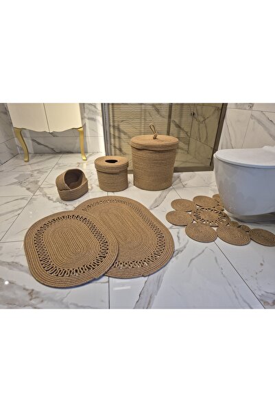 BHR Creative Ades Jute Bathroom Set, Mat Set, Trash Can, Toilet Seat Mat and ...