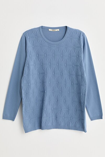 Nihan Plus Size Self-Patterned Viscose Sweater - Blue