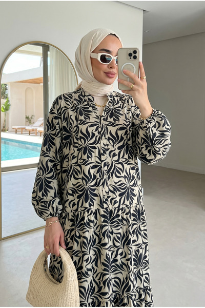 Kirazca Butik Women's Floral Patterned Layered Hijab Dress (Unlined)