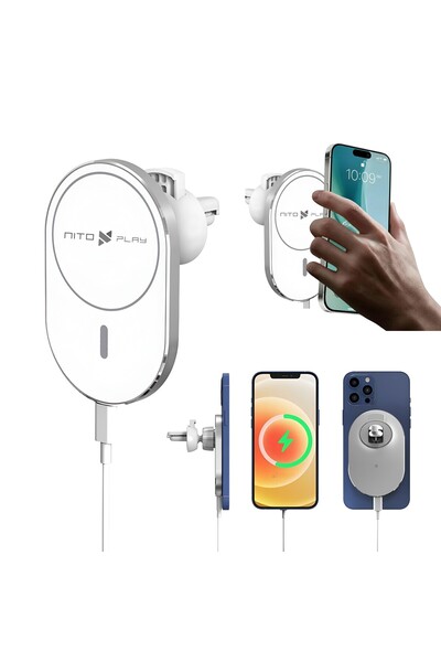 NITOPLAY Incarcator Auto Wireless Magnetic NITOPLAY® X16 Alb pentru Masina, F...