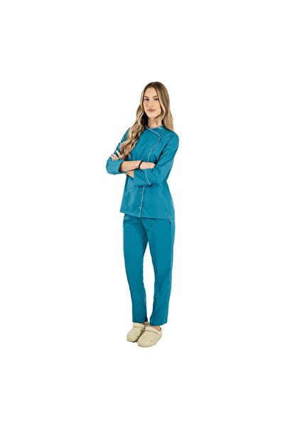 RUNI Uniforma bucatar dama aqua stretch tip tunica cu capse si pantaloni cu s...
