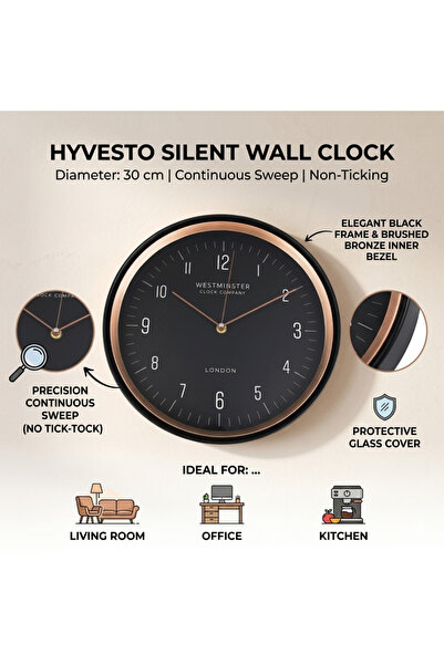 HYVESTO Ceas de Perete Silentios HYVESTO, Diametru 30 cm, Mecanism Continuu F...